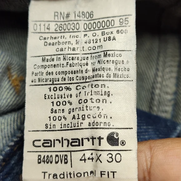 Carhartt Traditional Fit Jeans Men Size 44X30 Blue Denim 100% Cotton Workwear